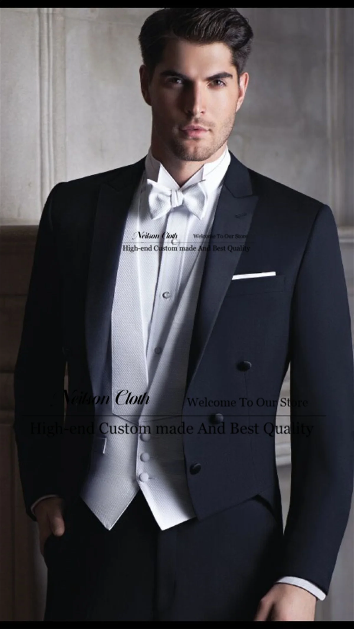 

Navy Blue Double Breasted Male Prom Blazers 3 Pieces Sets Long Coat Groom Wedding Tuxedos Customized Peaked Lapel Costume Homme