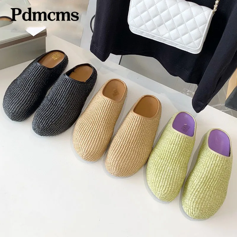 

2025 Designer Brand Cane Weave Women Flat Slippers Concise Half Slippers Spring Summer Out Walking Causal Mules Women Flat mujer