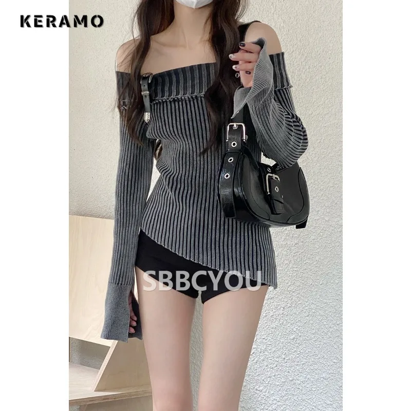 2023 Winter Hotsweet Casual Off Shoulder Knitting Long Sleeve Pullovers Women Striped Sheath Ladies Sexy Knitwear Sweater