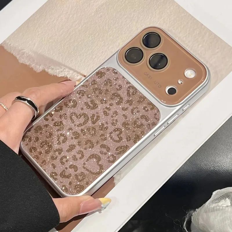 Luxury Glitter Heart Leopard Print Crystal Lens Protect Case For iPhone 17 16 15 14 13 18 Pro Max Instantly Change Matte Cover view 3