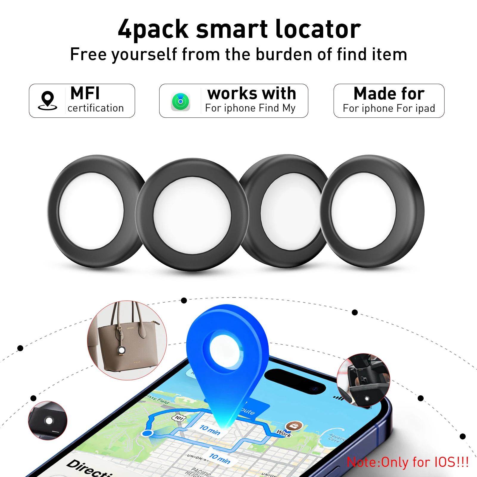 

Набор из 4 GPS-трекеров Smart Mini Tracker для животных, автомобилей, багажа, совместимый с приложением Apple iOS Find My