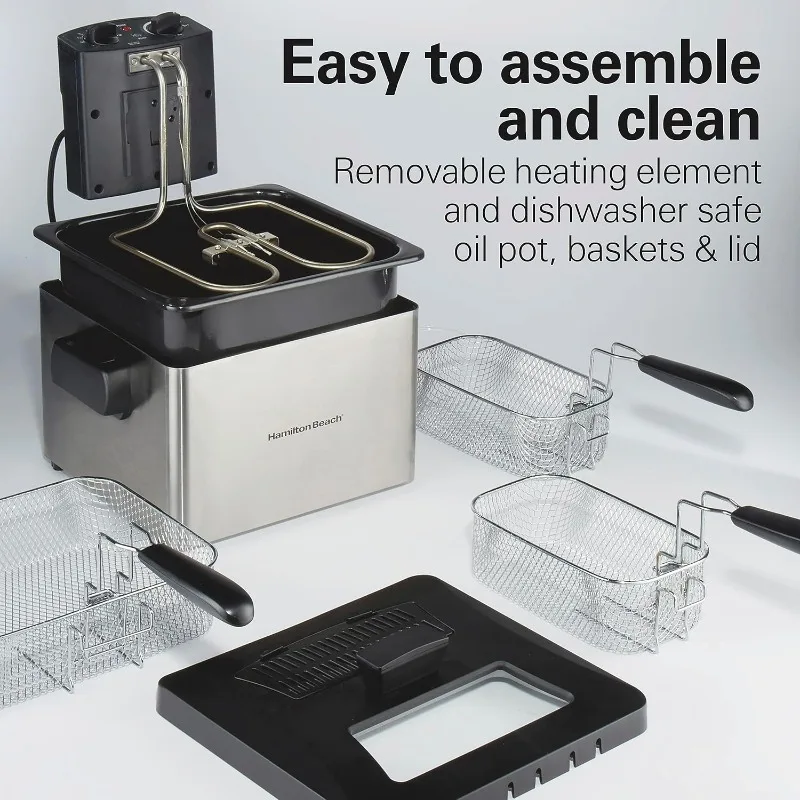 مقلاة هاميلتون بيتش الكهربائية العميقة مع 3 سلال وغطاء، 4.5 لتر / 19 كوب سعة الزيت، التحكم في درجة الحرارة، نافذة العرض