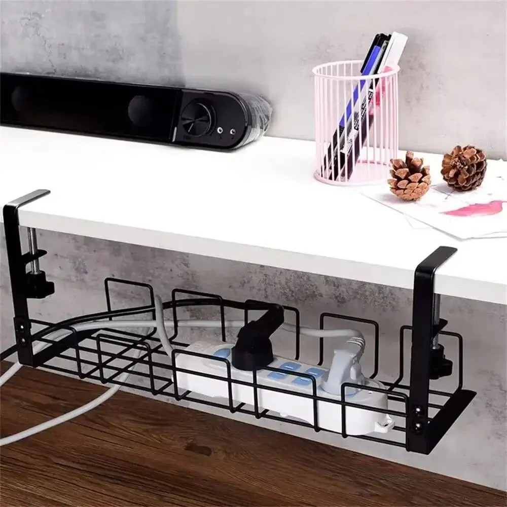 No Punching Under Table Storage Rack Sturdy Adjustable Clamps Metal Cable Management Tray Hanging Shelf Space Saving