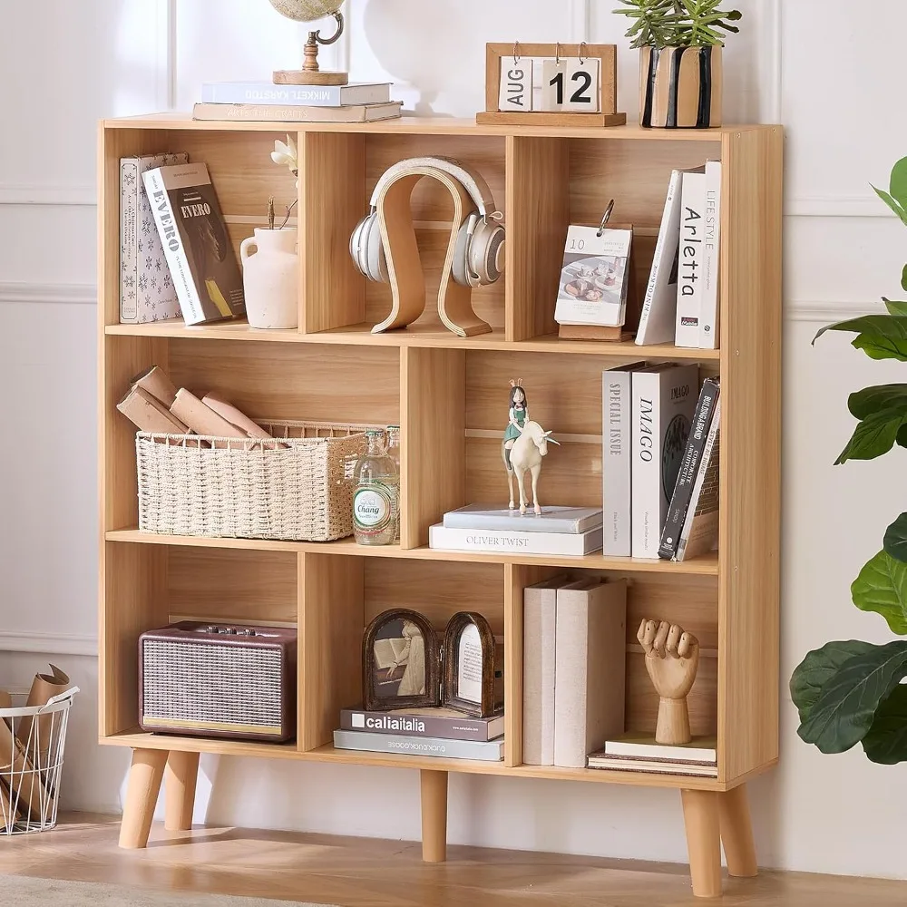 

Wooden 8 Cube Book Shelf, Natural 3 Tier Bookshelf with Legs, Modern Open Storage Organizer,Boho Bookcase,Display Cabinet Shelf