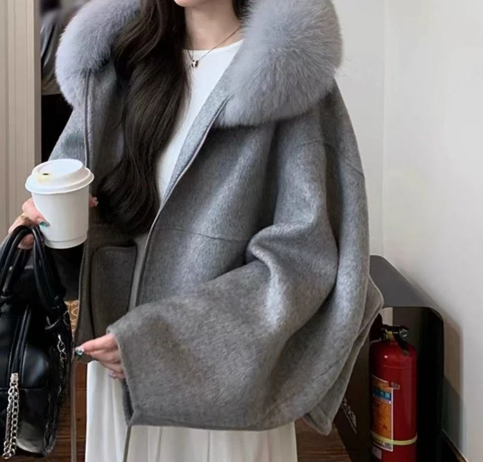 Double Sided Fur Knitted Coat with Fur Collar, 2025 Autumn and Winter Hooded Tie Up Style, Warm and Loose Jacket