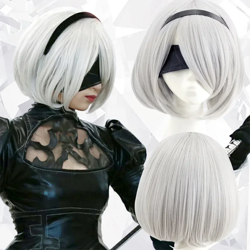

NieR: Automata 2B 9S Аниме Cos Парик Серебристо-серый Короткий прямой синтетический парик для косплея YoRHa No 9 Модель S Парик 2025 Горячая распродажа