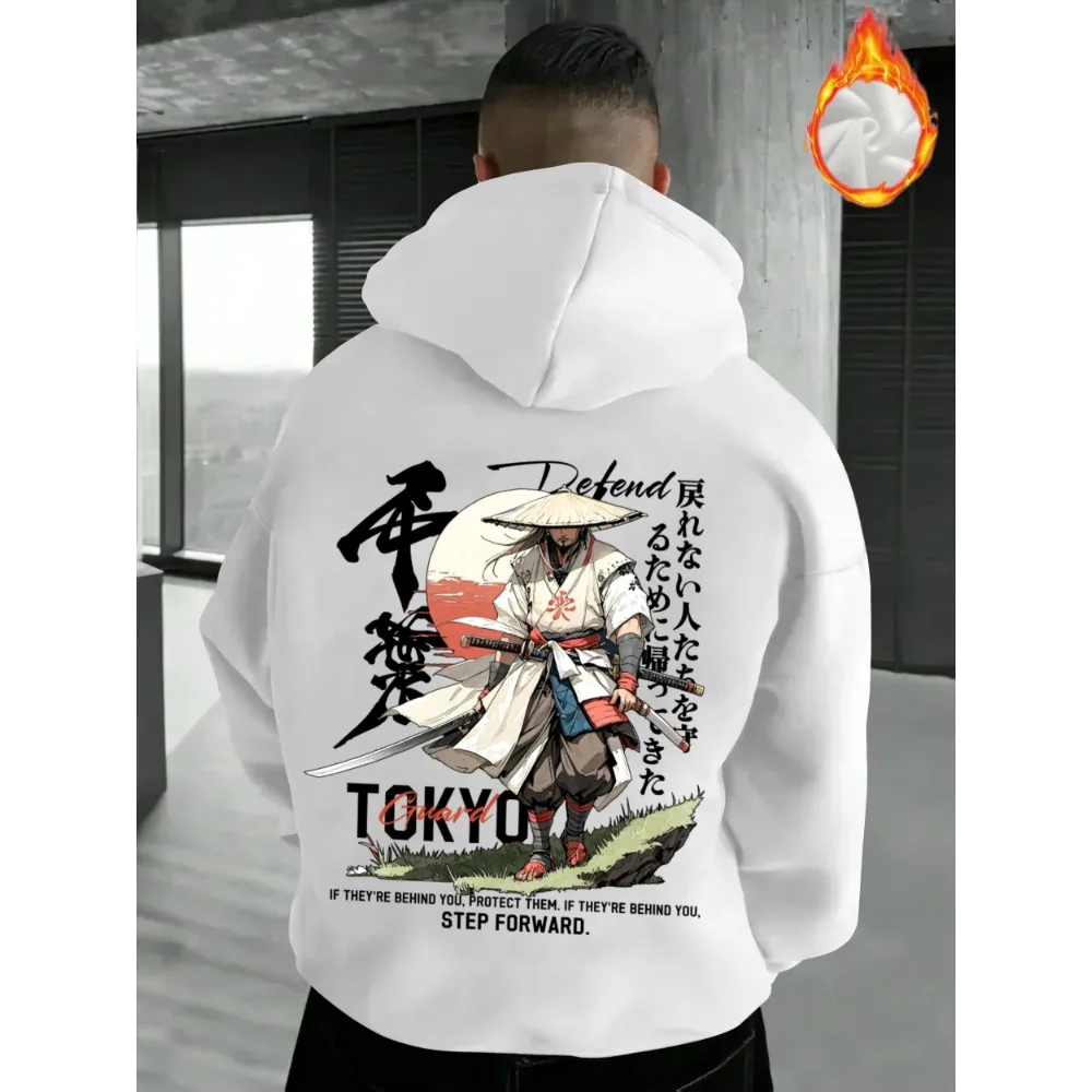 Men Y2K Street Hoodie Back Japanese Samurai Warrior Kanji Art Graphic Tokyo Urban Aesthetic Loose Autumn Winter Fleece Lined