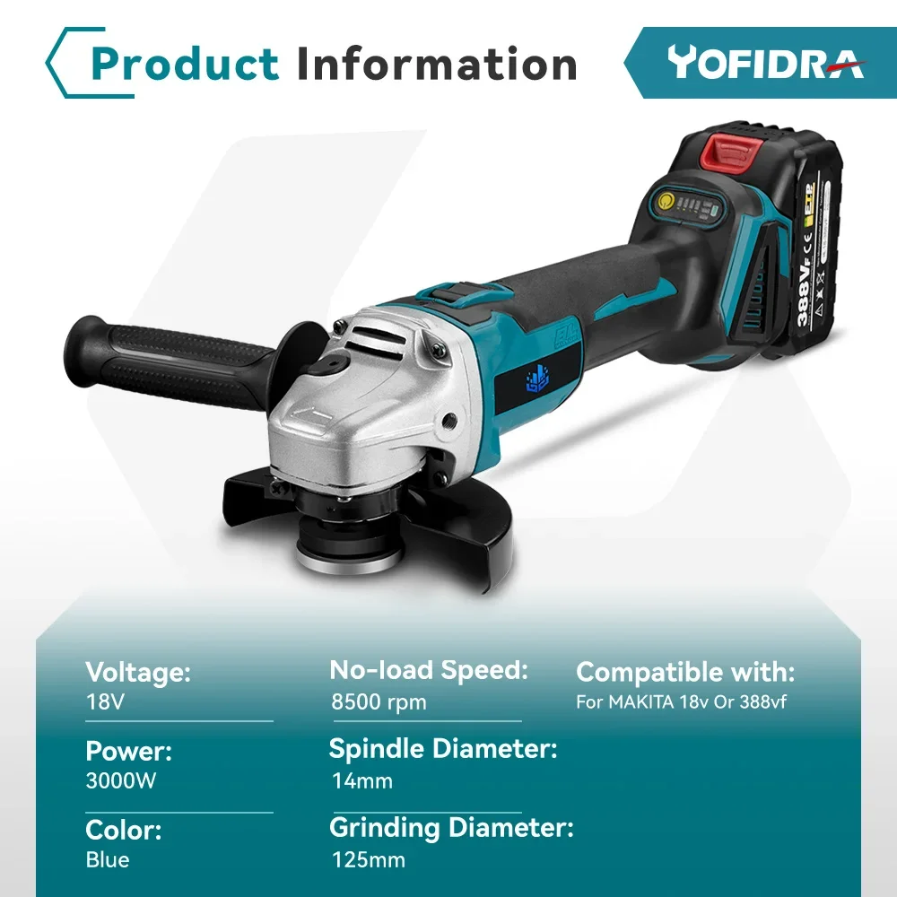 Yofidra 125mm Brushless Angle Grinder 4 Gears Cordless Grinding Machine Cutting Woodworking Power Tool For Makita 18V Battery