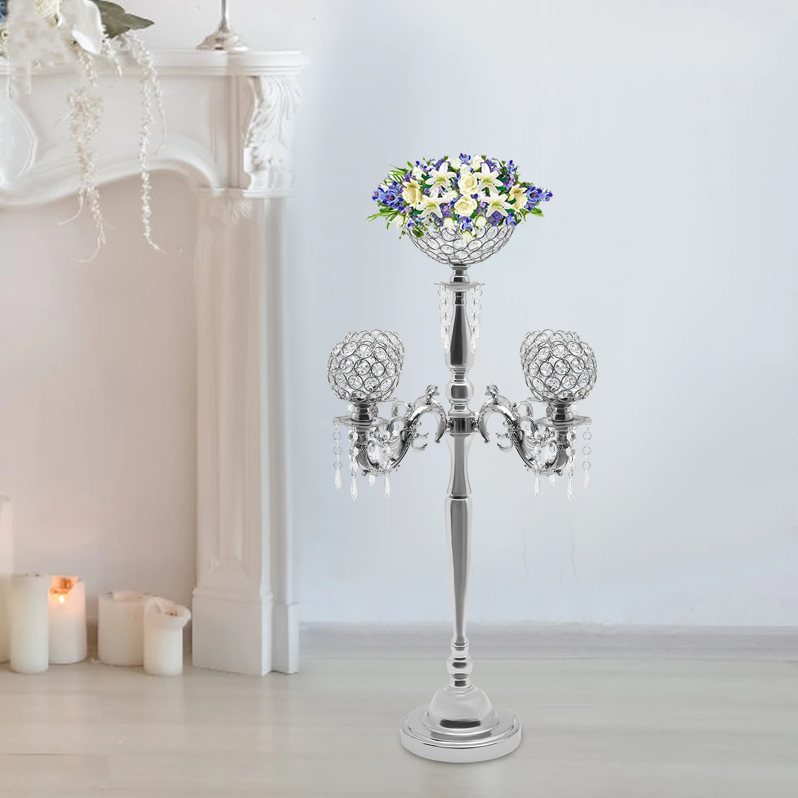 35In Silver 4-Arm Crystal Candelabra with 1-Arm Vase -Candle & Floral Holder, Centerpiece Decor for Wedding,Halloween, Christmas