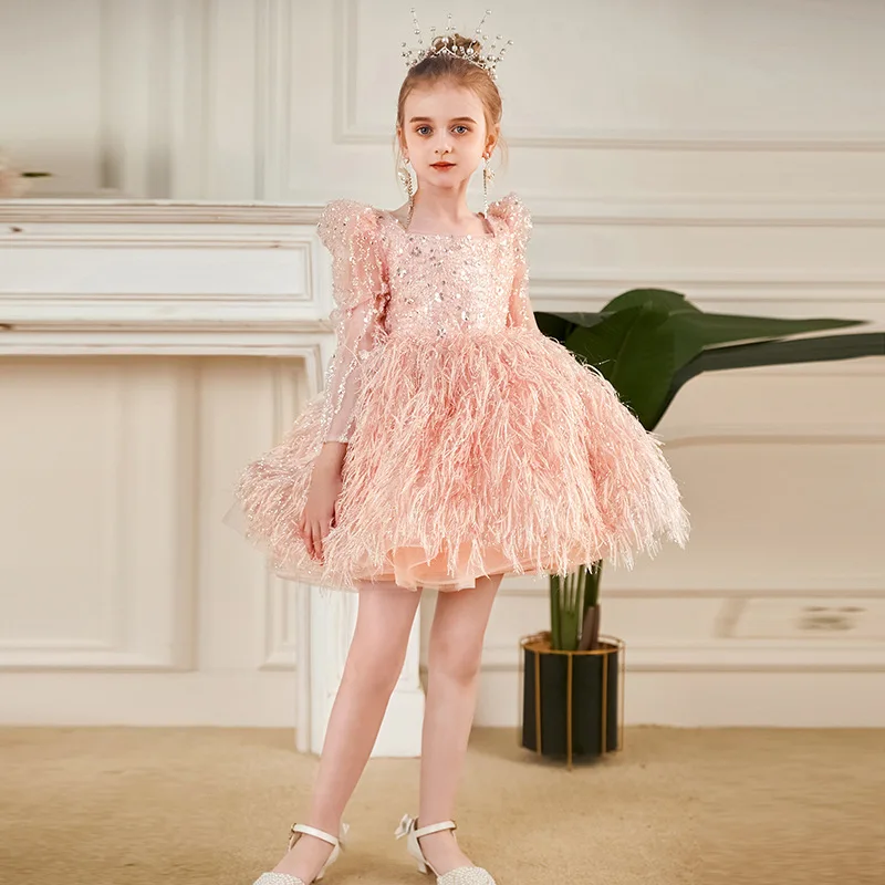 Luxury Pink Crystals Puffy Flower Girl Dresses 2025 Square Neck Sleeves Sequined Kids Birthday Pageant First Communion Gowns