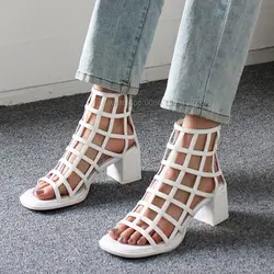 Mesh Hollow Out Rome Sandals Open Toe Square Heel Cover Heel Zip Woven Women Gladiator Sexy Solid Casual Shoes 2024 Trend Summer