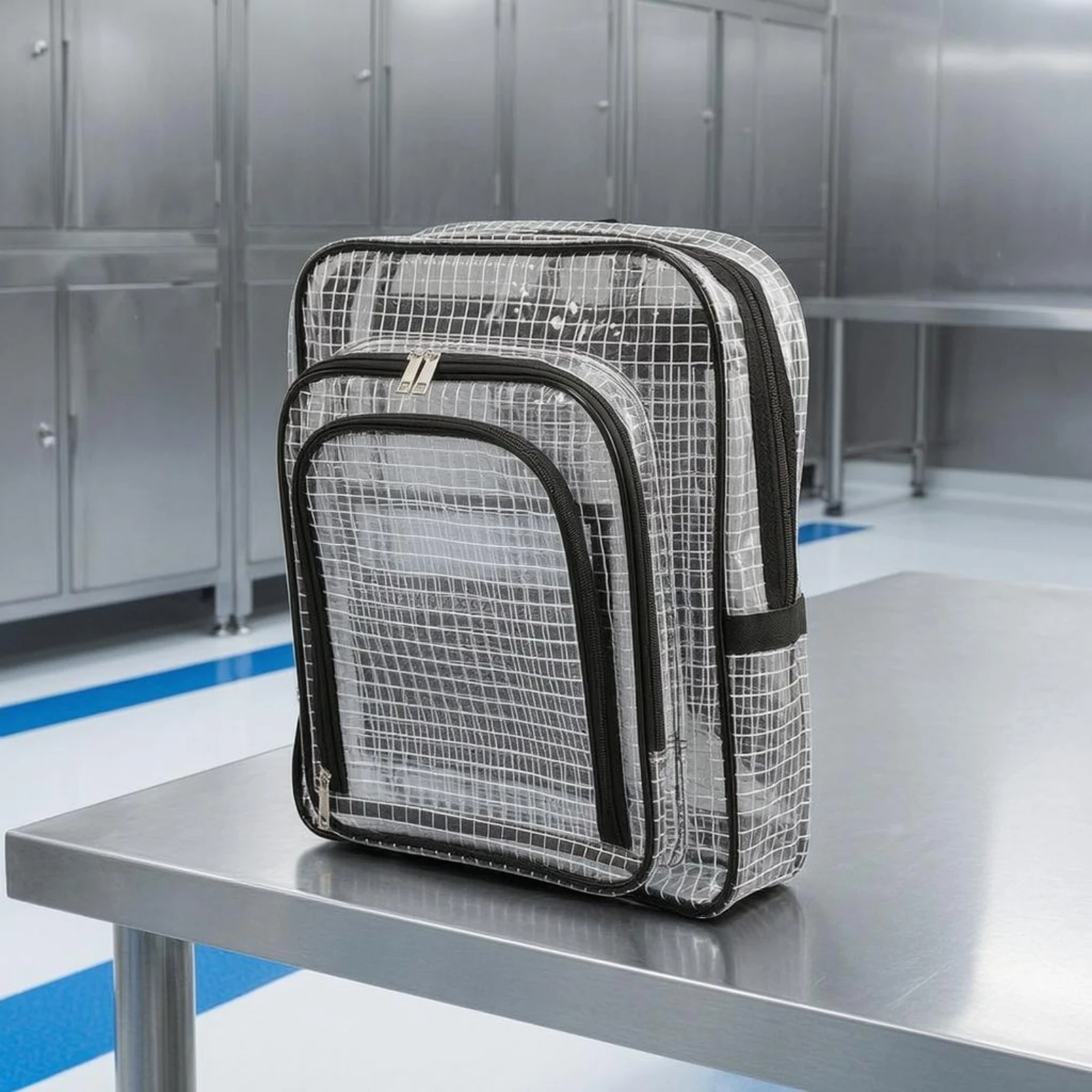 Grid PVC Backpack Front Zip Pocket Transparent Backpack Transparent Bag Top Handle School Gear Large Capacity - view 3