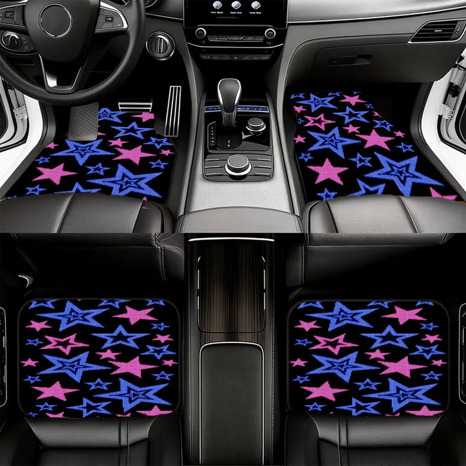 Car Floor Mats, 4pcs Set With Star Pattern (Blue & Pink, Pixelated Stars On Black Background), Made Of, Stylish Interior Accesso