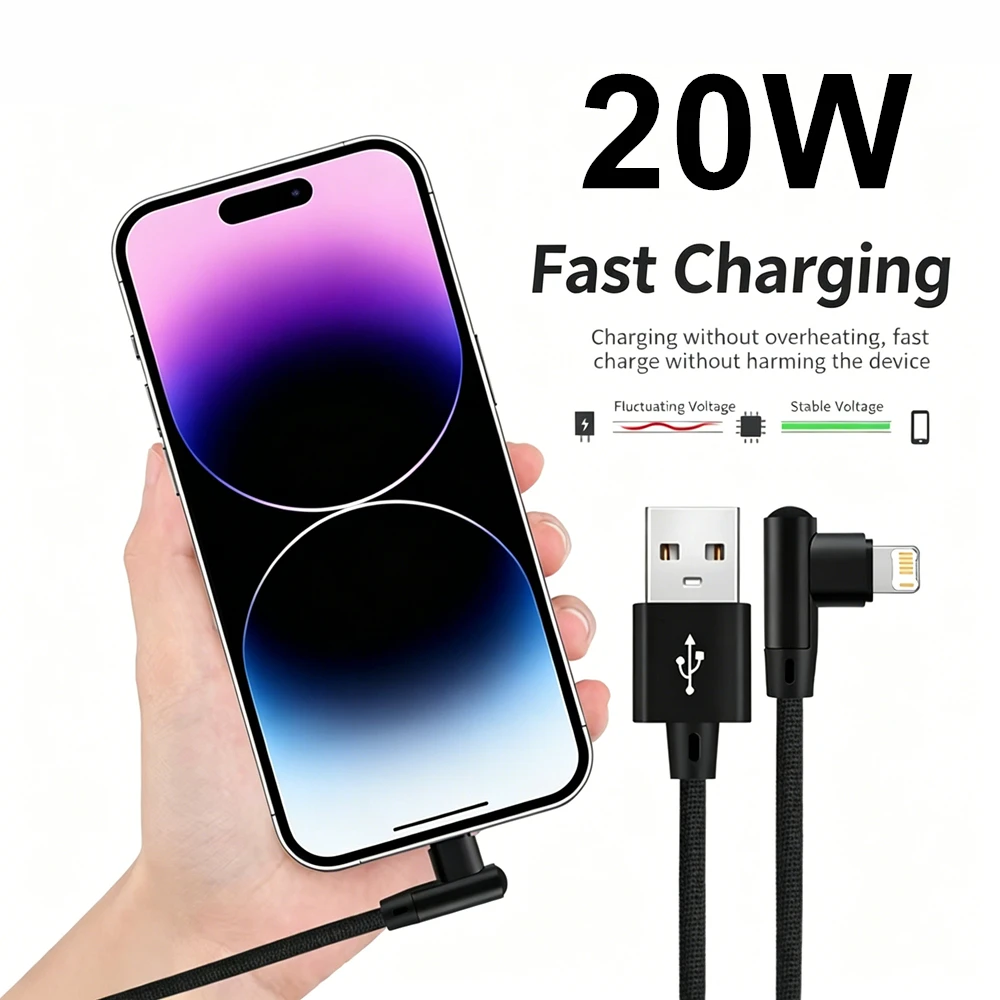 90° Right Angle 20W USB Fast Charging Cable For iPhone 11 12 13 14 Pro Max X XR XS Max 7 8 14 Plus Quick Charge Fabric USB Cable