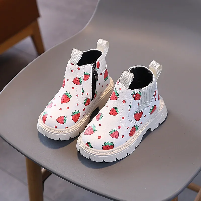 

Fashion Girls Causal Boots Cute Strawberry Printed Kids Ankle Boots Platform Non-slip Children School Leather Boots Versatile