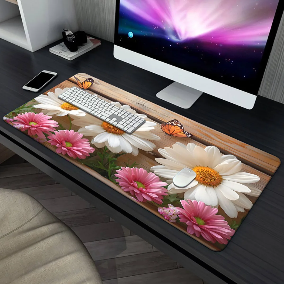 Floral Daisy Butterfly XXL Extended Mouse Pad Non-Slip Rubber Large Desk Mat for Office Gaming