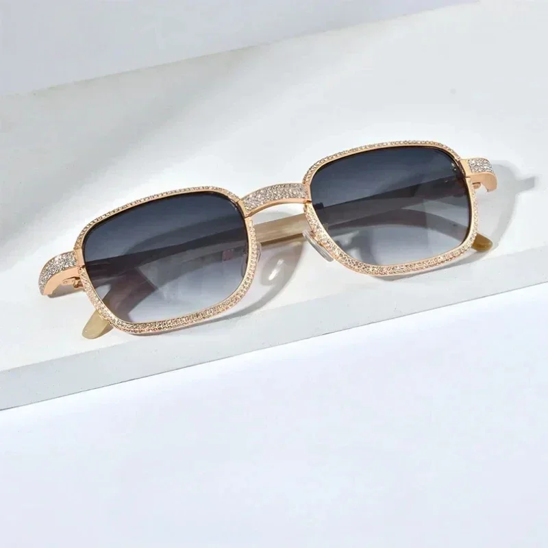 Pure Natural White Diamond Black Bull Horn Gold Plated Optical Glasses Legs High End Square Outdoor Protection UV400 Sun Glasses