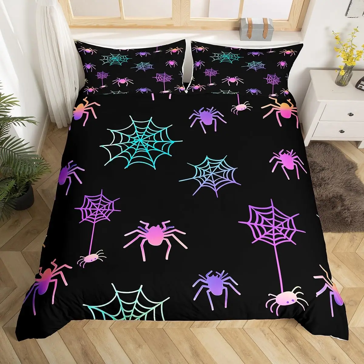 Cartoon Purple Bat Gothic Duvet Cover Halloween Bats Bedding Set Star Quilt Cover Spooky Dark Shadows Silhouette Halloween Decor