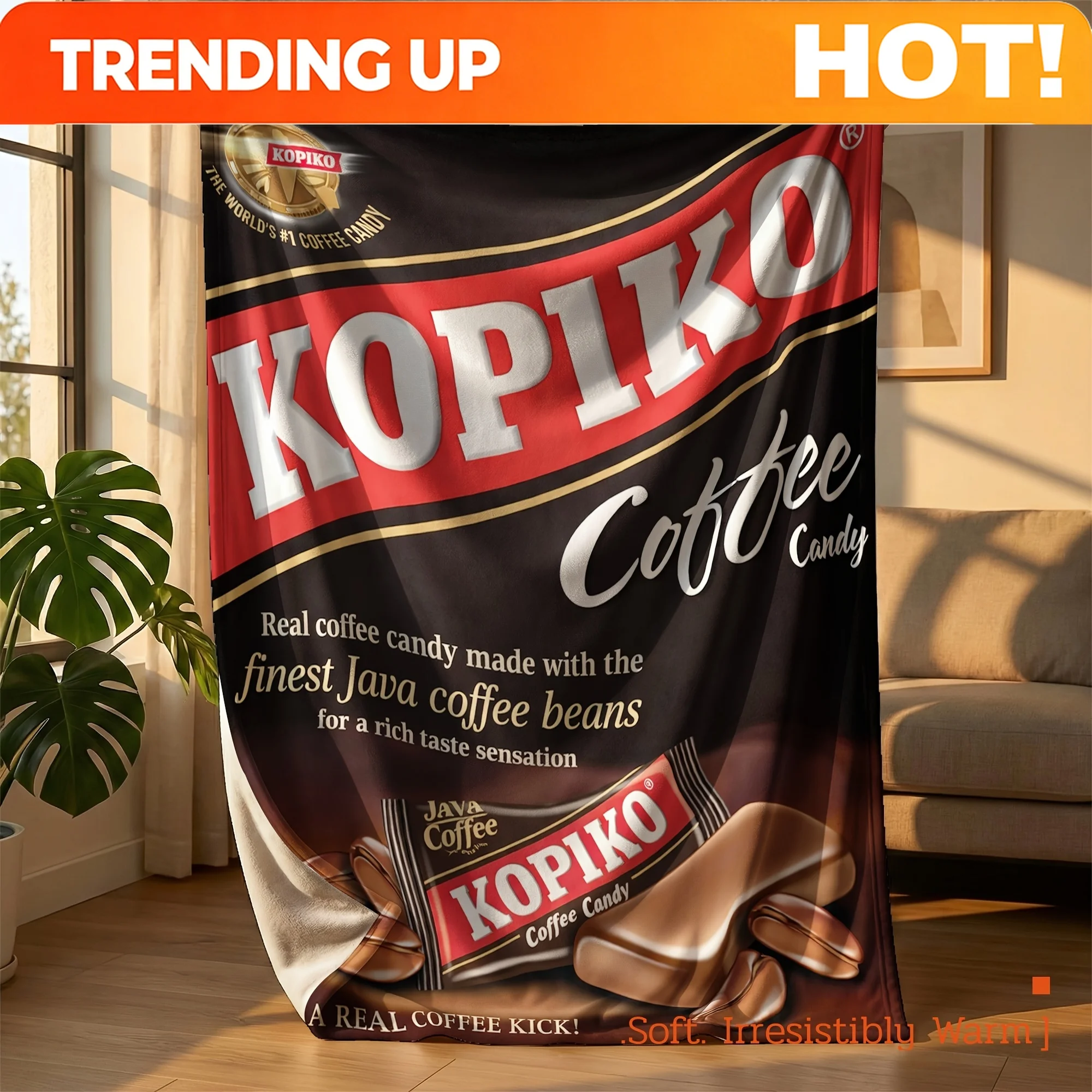 Customize 1pc KOPIKO Coffee Candy Throw Blanket, Soft Sofa Blanket, Spring Break Road Trip Essential