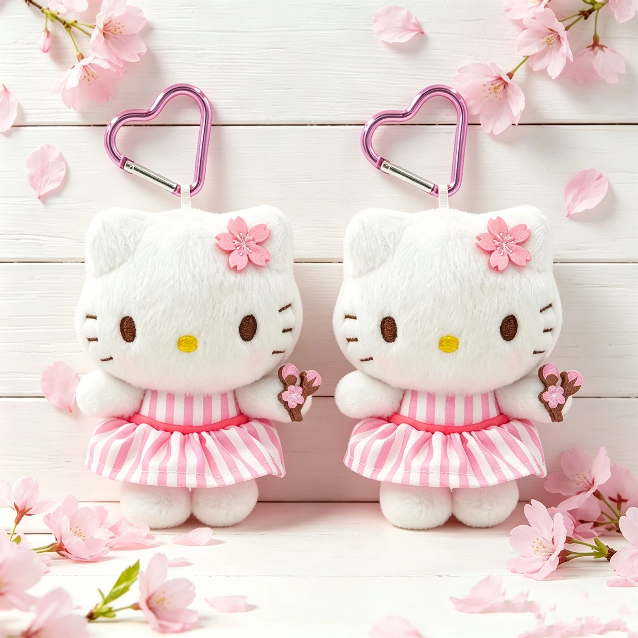 Genuine Sanrio Licensed Sakura Series Plush Keychain, Hello Kitty My Melody Kuromi Cherry Blossom Plush Pendant, Heart Carabiner