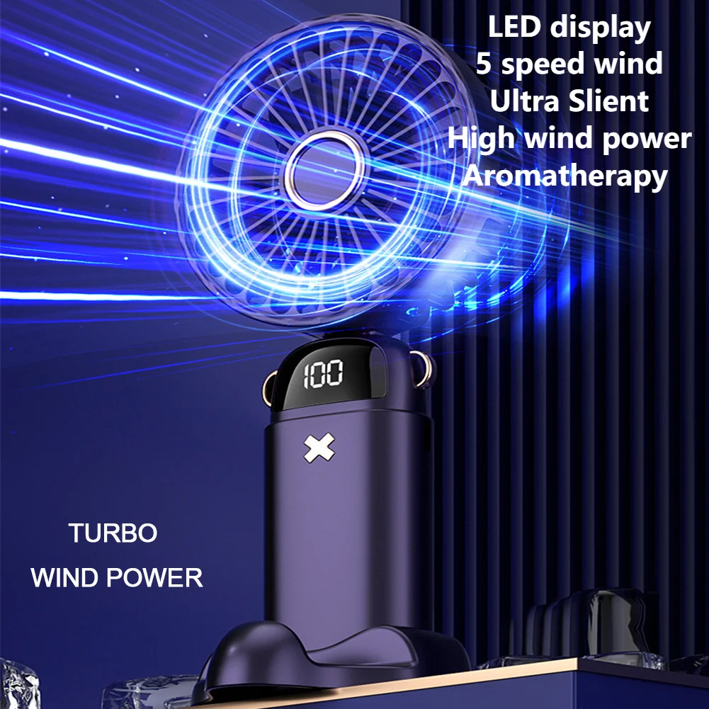 USB Handheld Mini Fan Foldable Portable Neck Hanging Fans 5 Speed USB Rechargeable Fan with Phone Stand and Display Screen