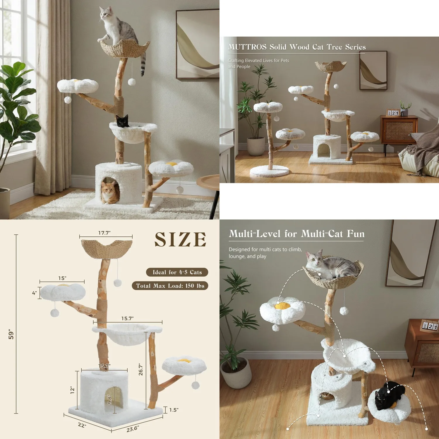 

59" Modern Cat Tree Tower for Large Cats w/2 Flower Perches-Natural Solid Wood Scratching Post with Real, Customized