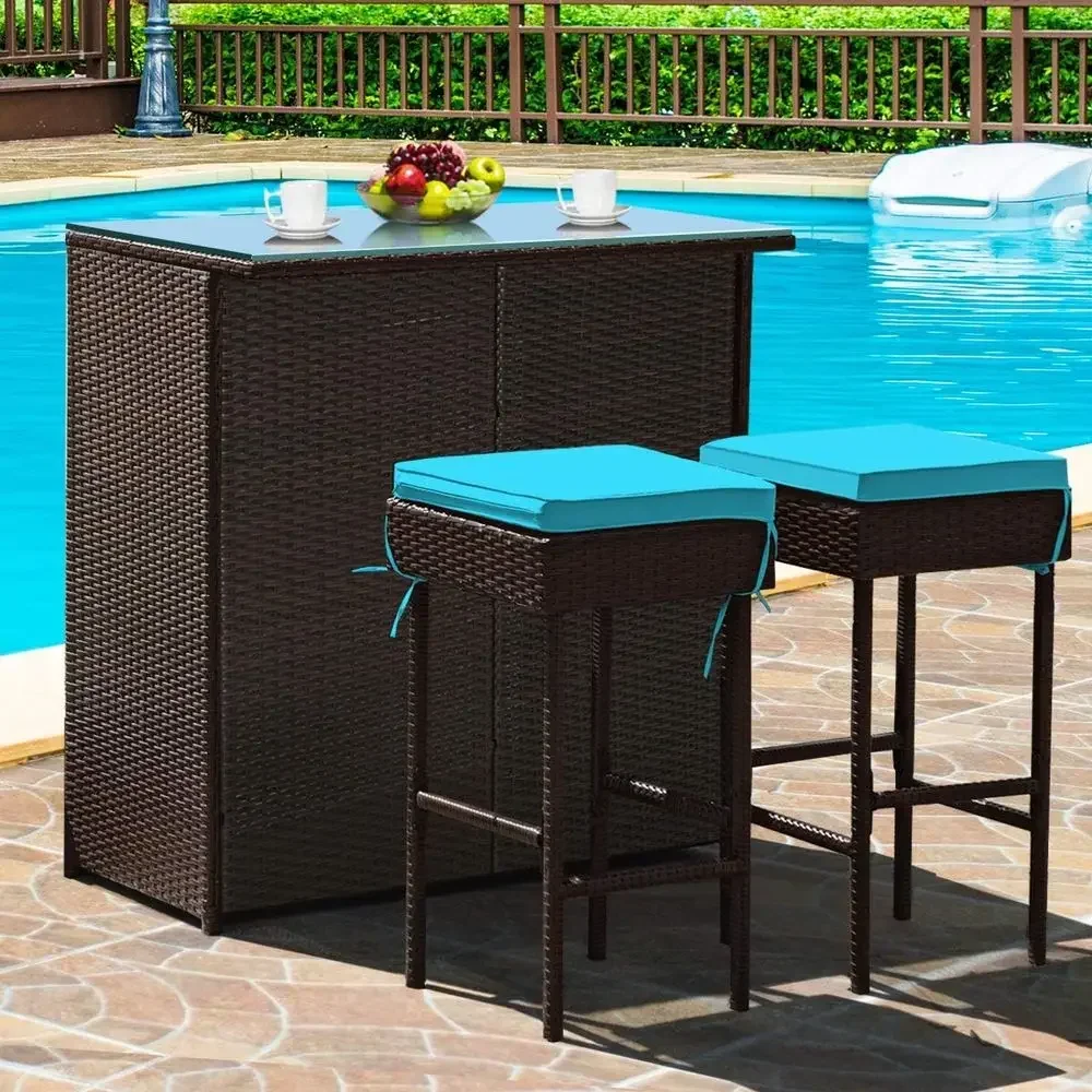 3-Piece Outdoor Wicker Bar Set with Cushioned Stools and Glass Table, Ideal for Patios, Backyards, and Gardens in Turquoise