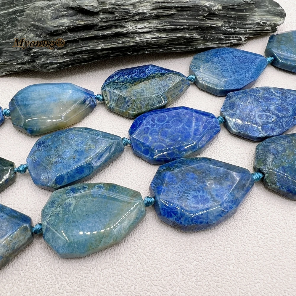 Large Faceted Blue Natural Coral Jaspers Chrysanthemum Stone Cutting Slice Pendant Beads MY230747