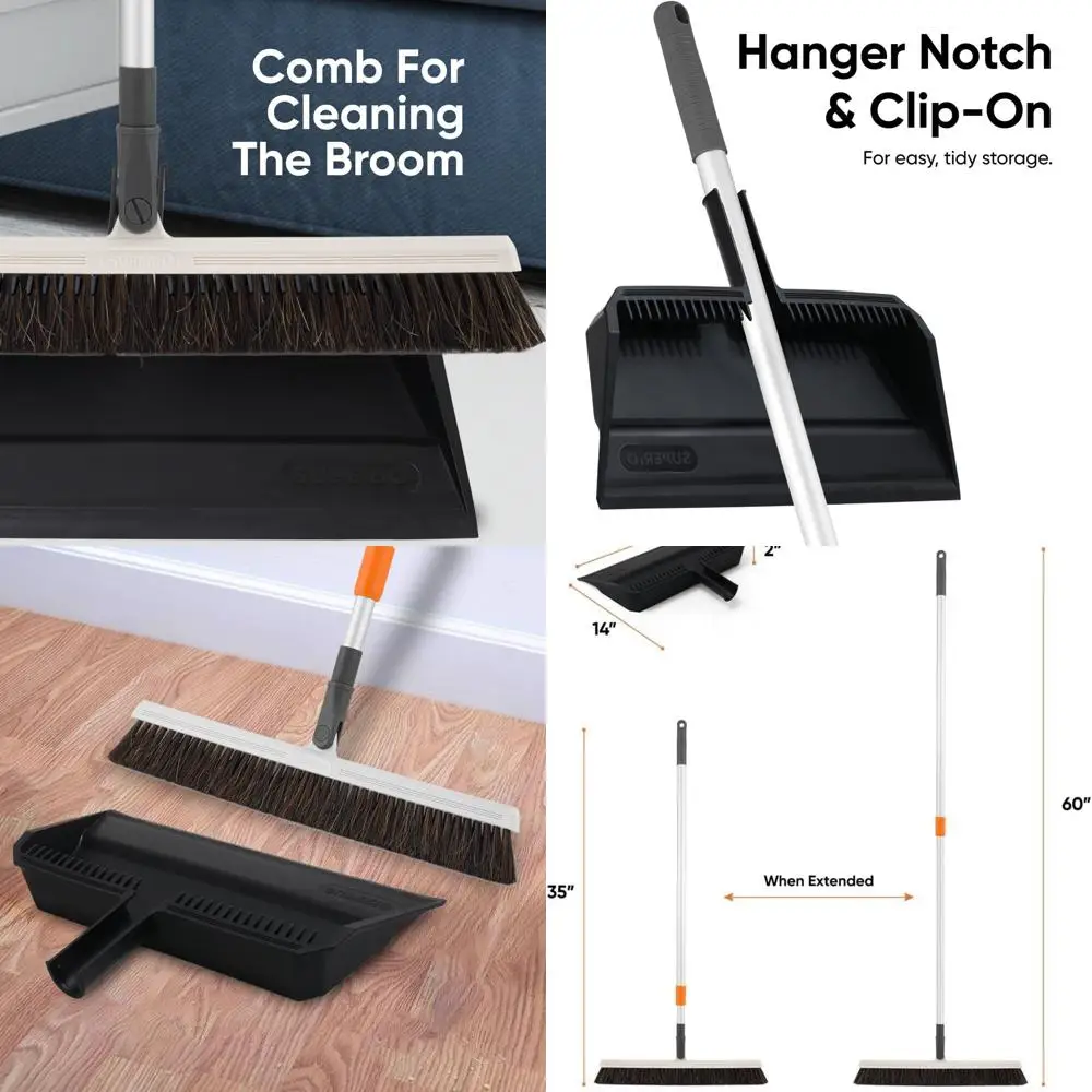 

Telescopic Handle Horse Hair Broom & Black Dustpan Set for Pet Hair Cleaning on Hardwood & Tile Floors