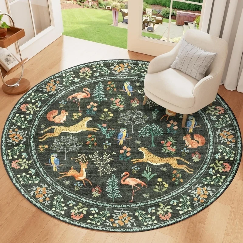Jungle Wild Animal Round Rug Leopard Deer Flamingo Parrot Print Non Slip Soft Carpet Nature Style Living Room Decor Mat