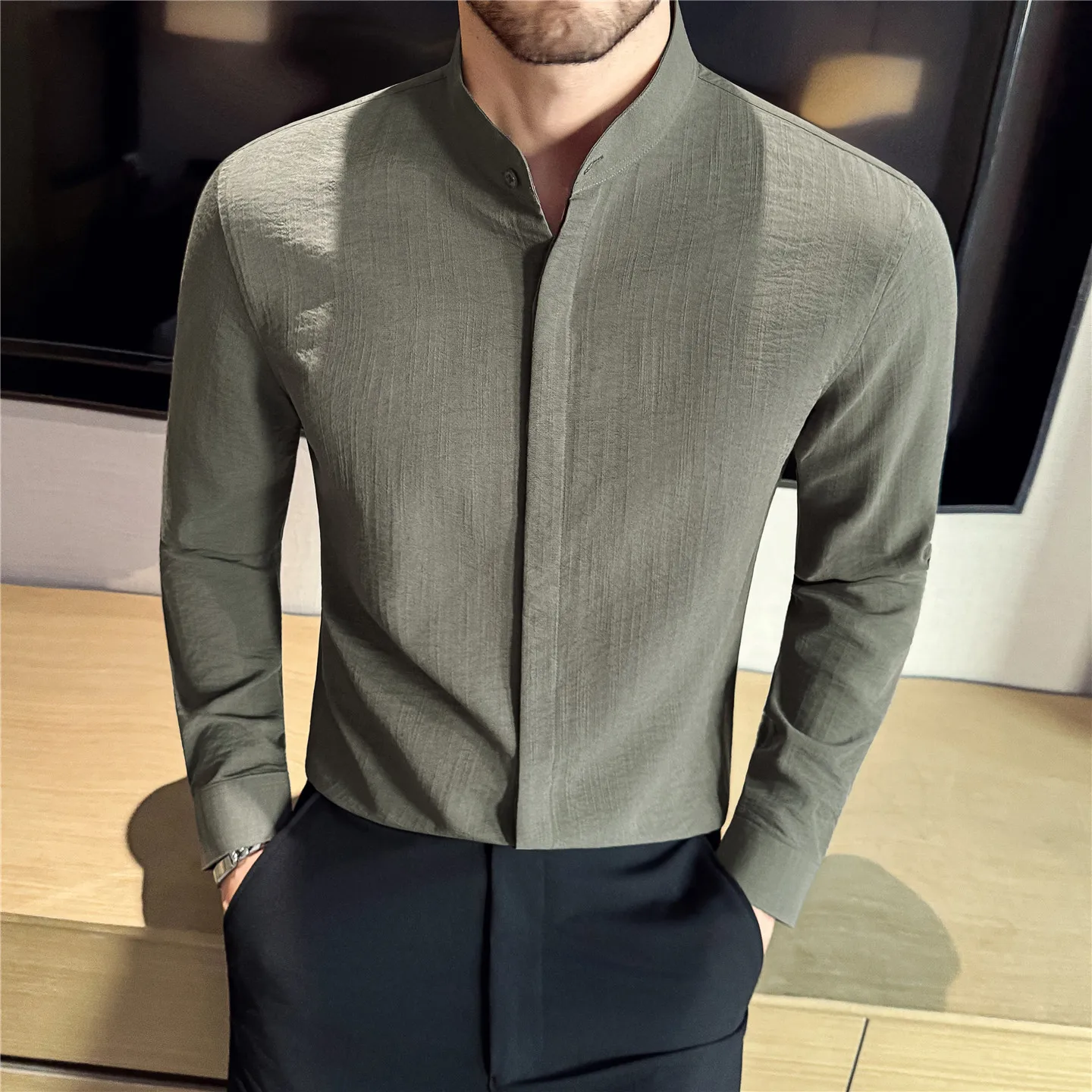 Autumn High-quality Stand Up Collar Shirt for Men Long Sleeve Casual Business Dress Shirts Fashion Office Social Men's Clothing
