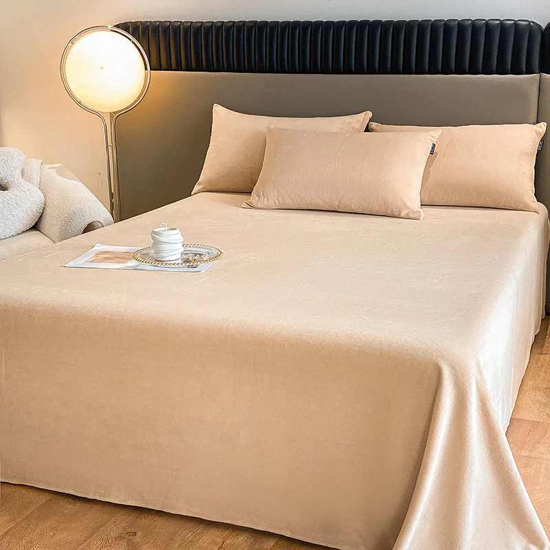 Solid Color Flannel Flat Sheet Autumn Winter Plush Warm Bedsheet with Pillowcases Soft Skin-Friendly Milk Velvet Queen Bed Sheet