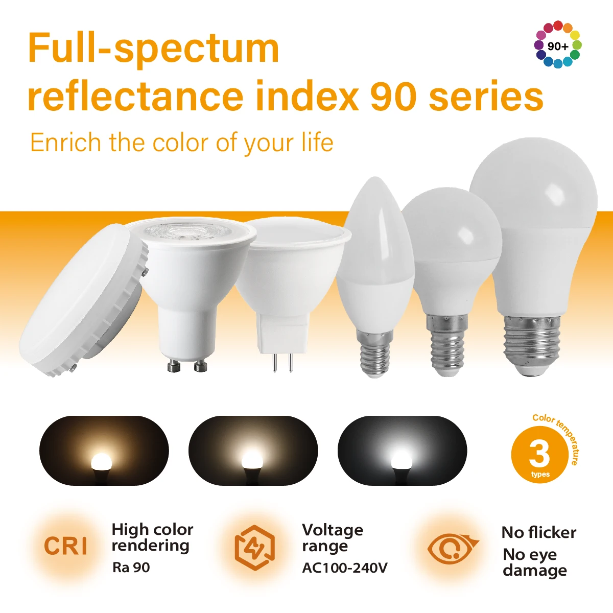 

CRI90 Full Spectrum Eye Care LED Bulb Soft Glow 100-240V E14 E27 High Color Render Light for Reading Office Indoor Use