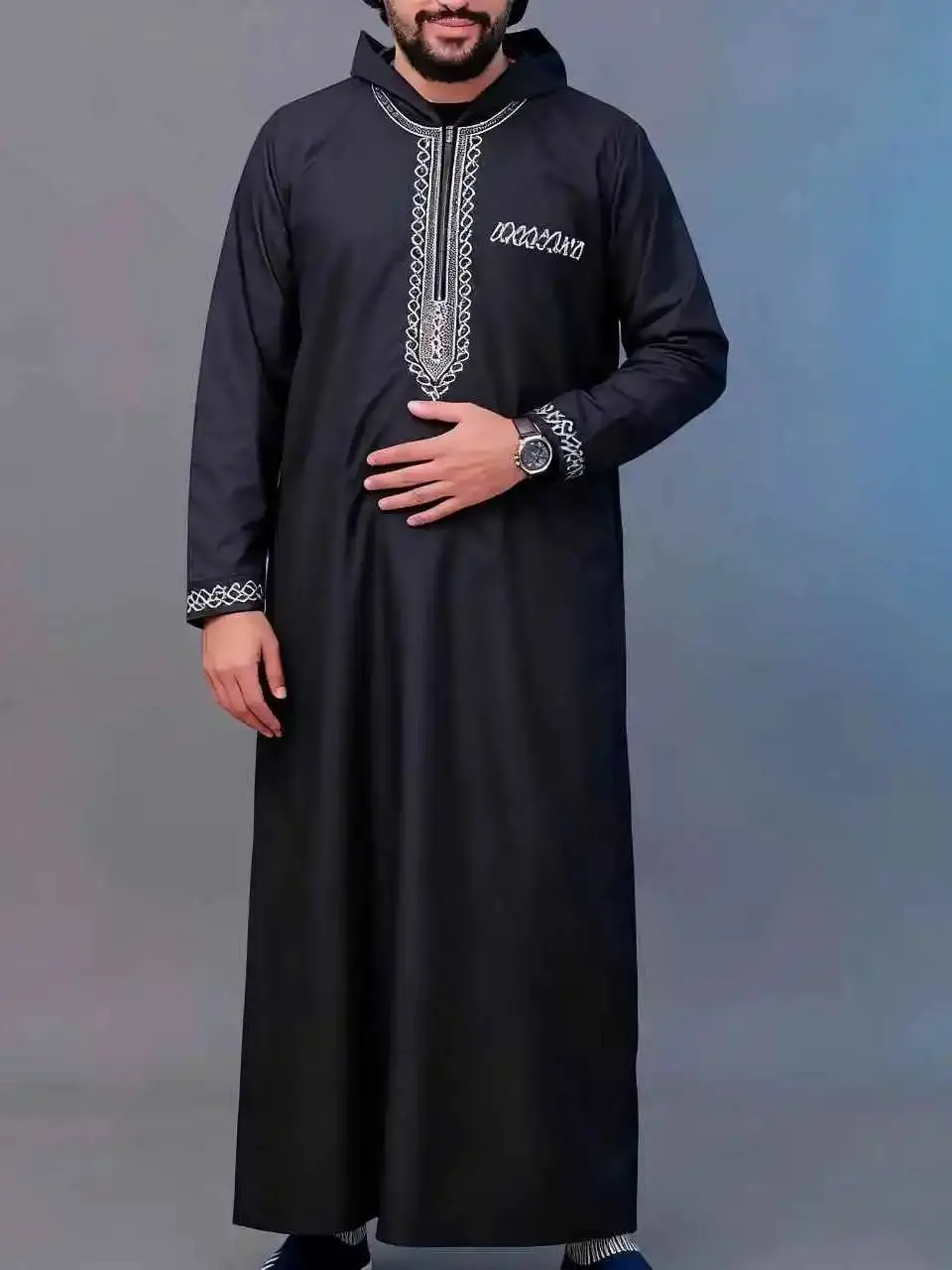 2025Stile etnico musulmano, vestaglie da uomo, ricami a maniche lunghe, abiti arabi con colletto rialzato, abbigliamento tradizionale
