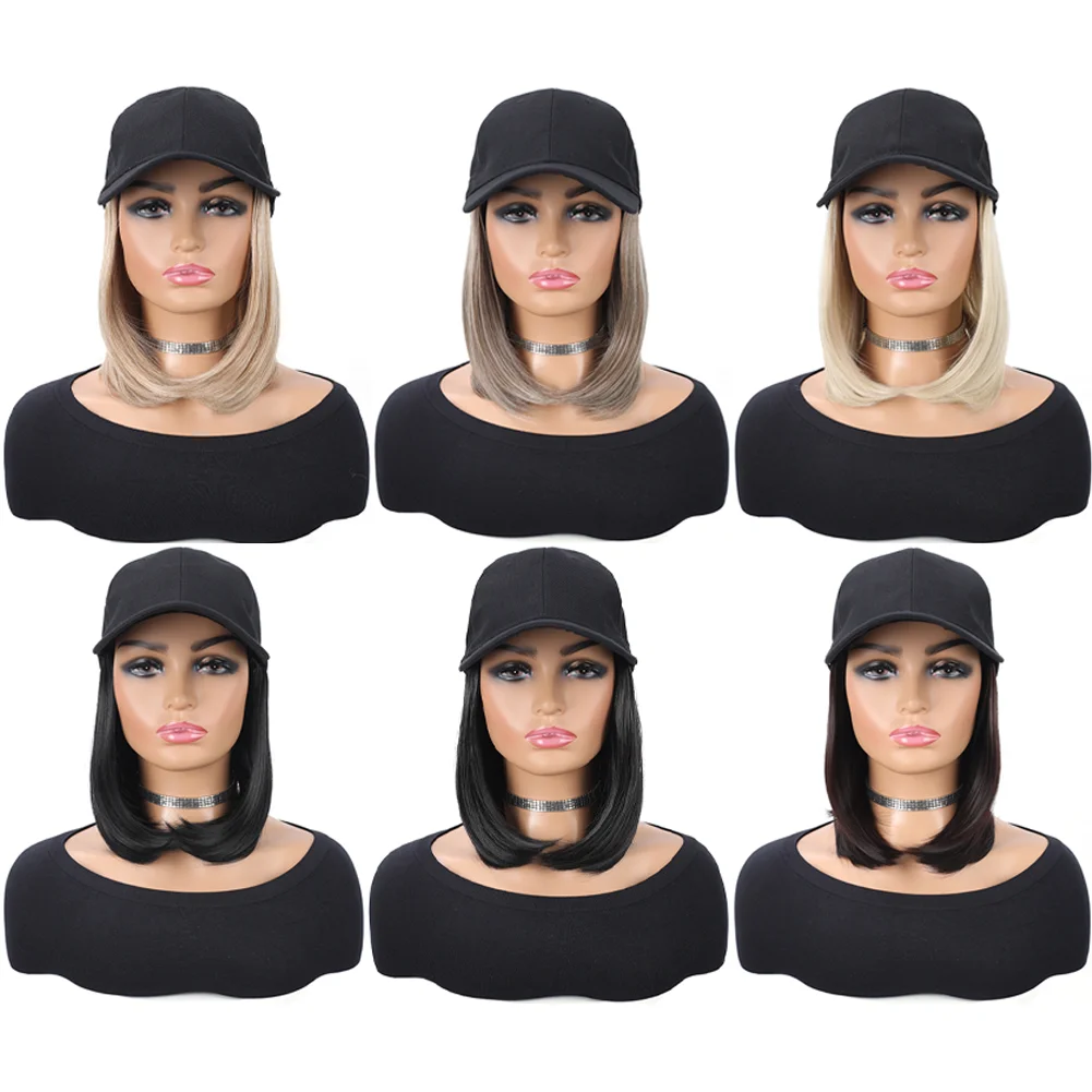 Baseball Cap with Synthetic Hair Extensions Straight Short Bob Hairstyle Adjustable Removable Wig Hat 10 inch for Woman Girl