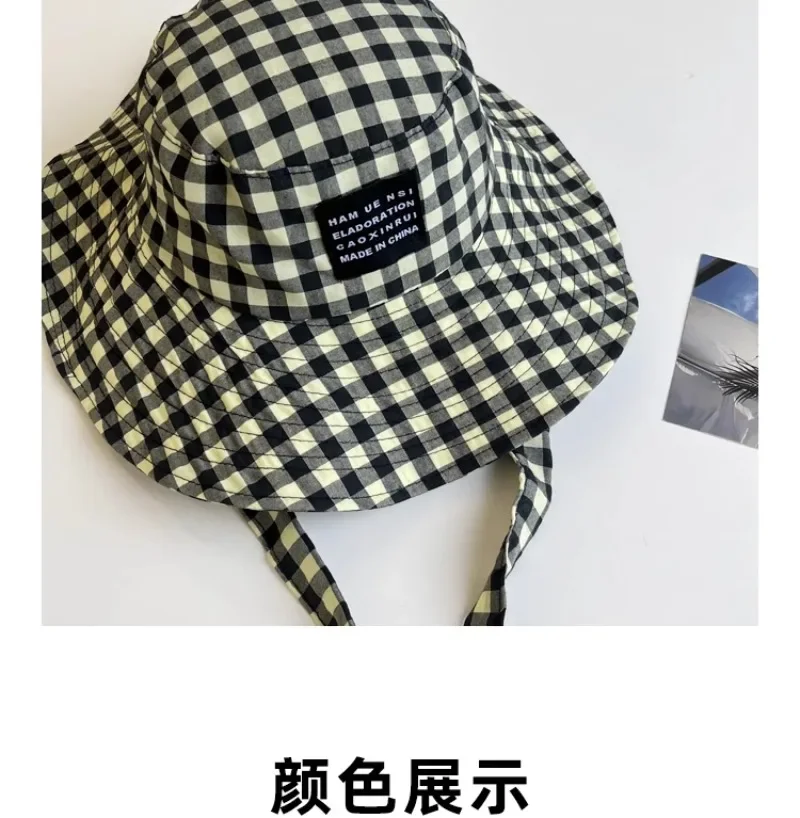 Ins Blogger Retro Plaid Tie Strap Eimer Hut Frauen Sommer Reise Vielseitig Fischer Hut Mädchen Mode Beliebte Breite Krempe Sonne Kappe – Detail 23