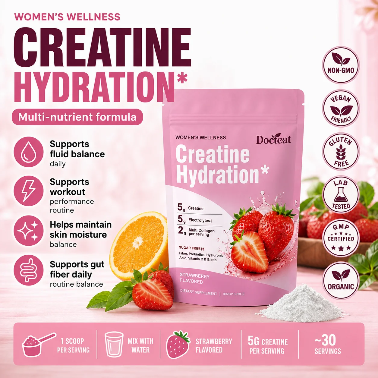 Docteat Creatine Hydration Powder with Recovery Care Support, Probiotic and Dietary Fiber Blend, Hyaluronic Acid 30 Servings