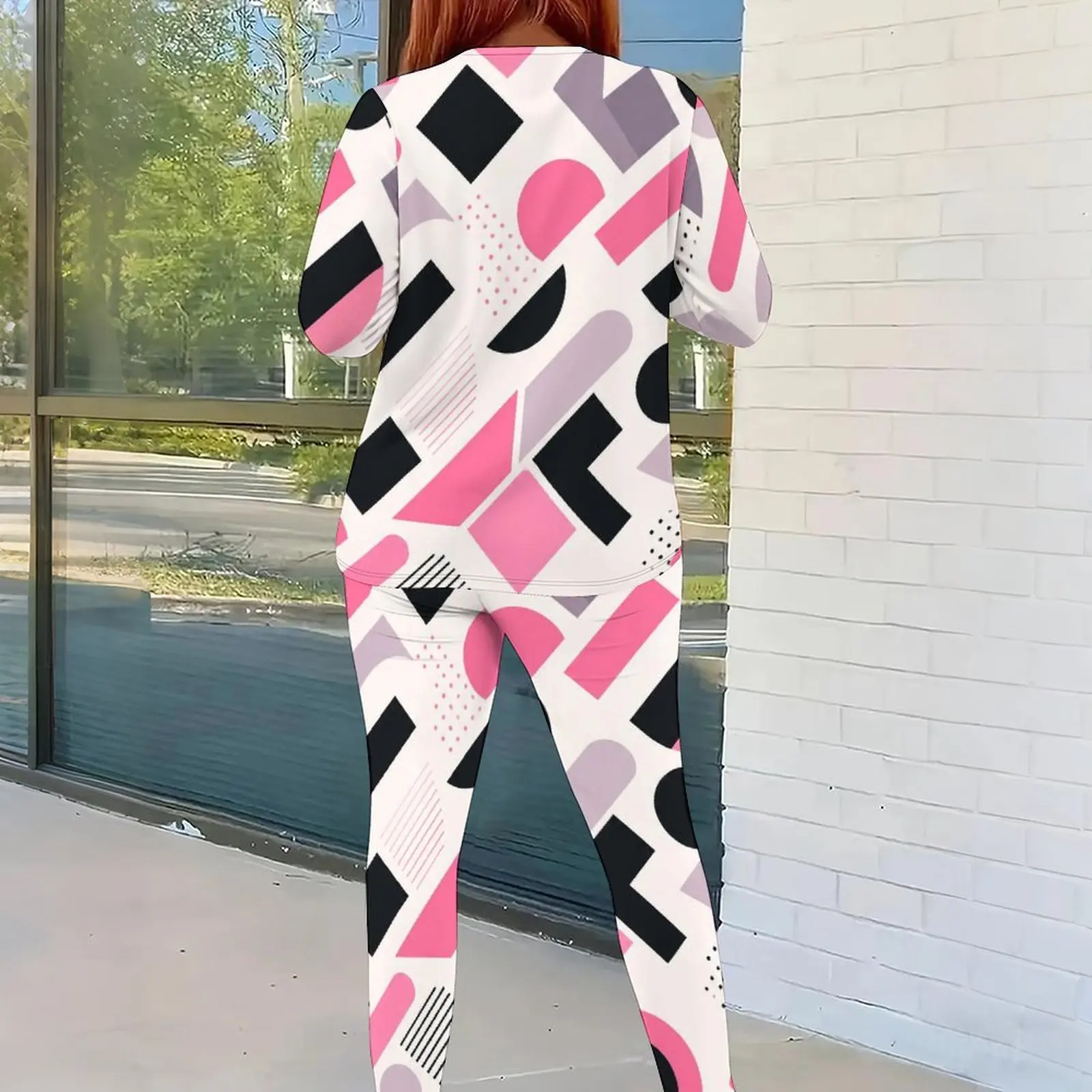 Women Abstract Printed Round Neck Long Sleeve Top And Fitted Pants Two Piece Set