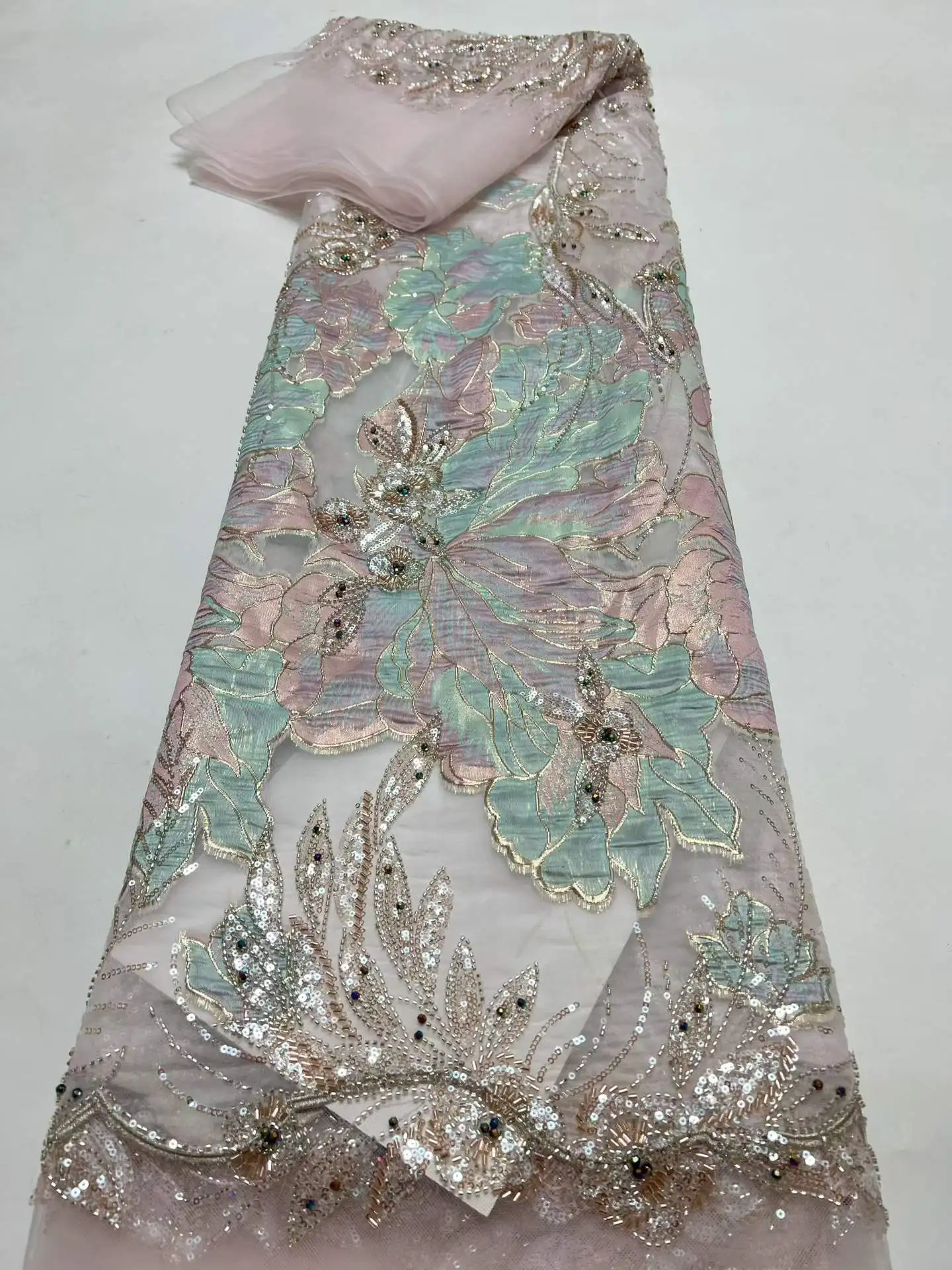 New Gold Color Latest Africa Embroidered Tulle Net Fabric Luxury Beads High Quality Luxury Sequins Net Lace Evening Party Dress