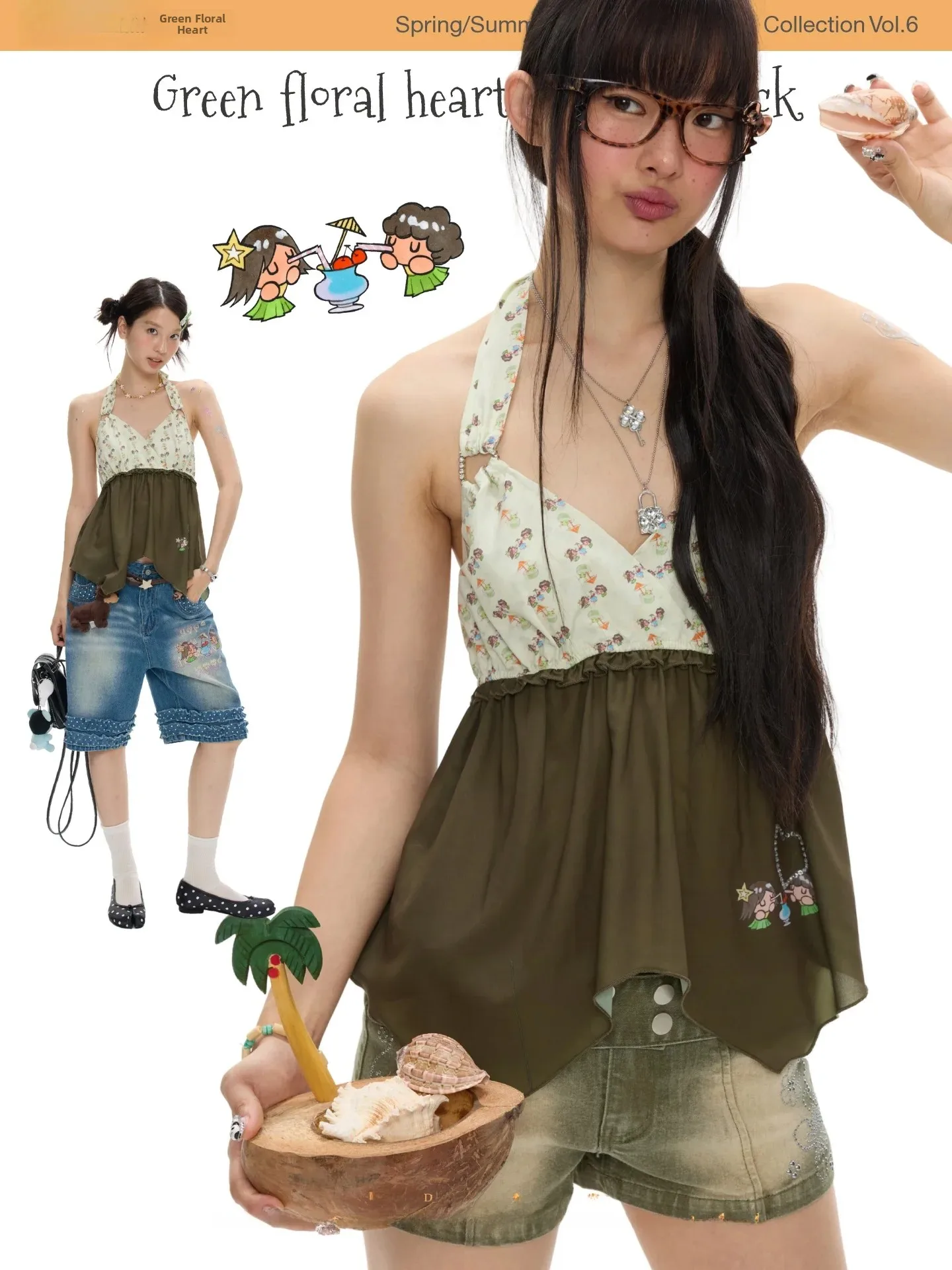 BENANDx Greenery Printed Chiffon Top Neck Hanging Strap Fruit Green Color 2026 New Style Women's Commute Style Slim Fit Blouse