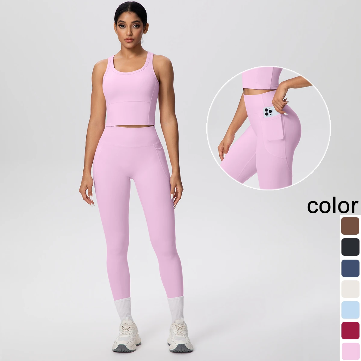 2pcs Women Yoga Set Gym Sports Running Quick Drying  Pants With Pockets Solid Color Breathable Vest Tight  Suit