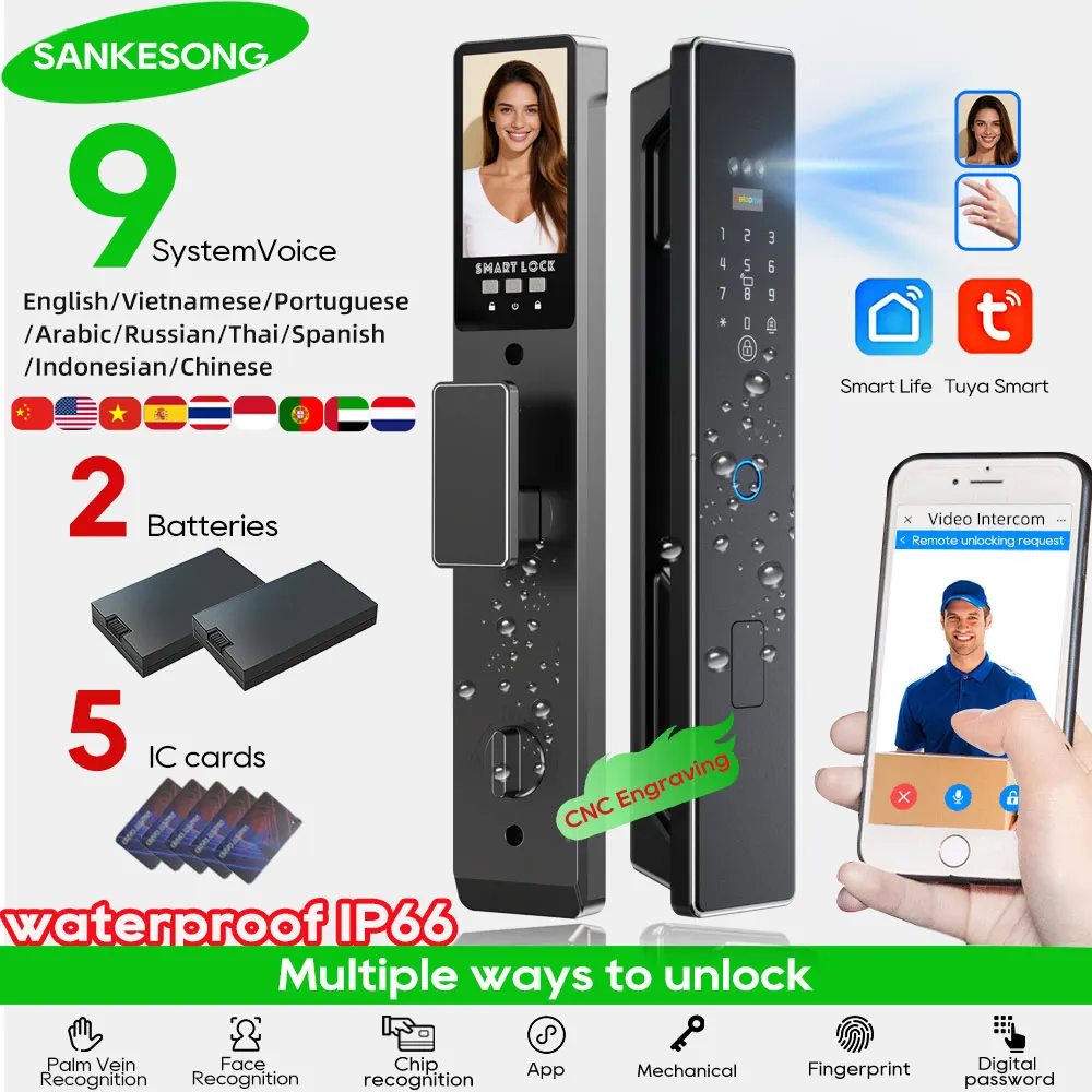 

SANKESONG умный замок, домофон в реальном времени, Wi-Fi камера, отпечаток пальца, интеллектуальная ладонь, 3D распознавание лиц, дверной замок с двойной батареей