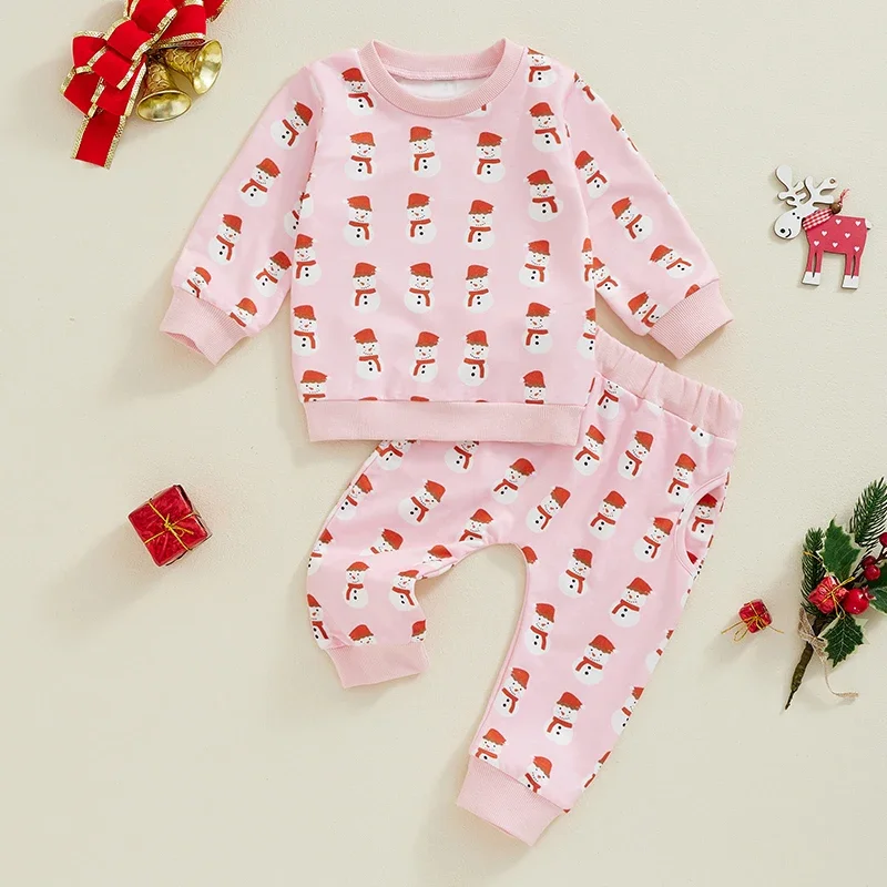 Baby Infant Girl Snowman Print Pullover Sweatshirt Elastic Waist Pants Christmas Outfits Newborn Clothes Set