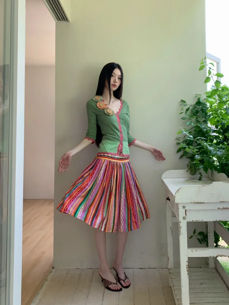 Striped Summer Skirts Woman Clothing Rainbow Colours Pleated A Line Knee Length Skirt Outfit