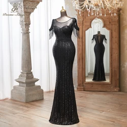 Elegant Black Sequin Evening dress Tassel Sleeves Sheer Mesh Floor-Length Formal Dress vestidos de fiestas elegantes muje