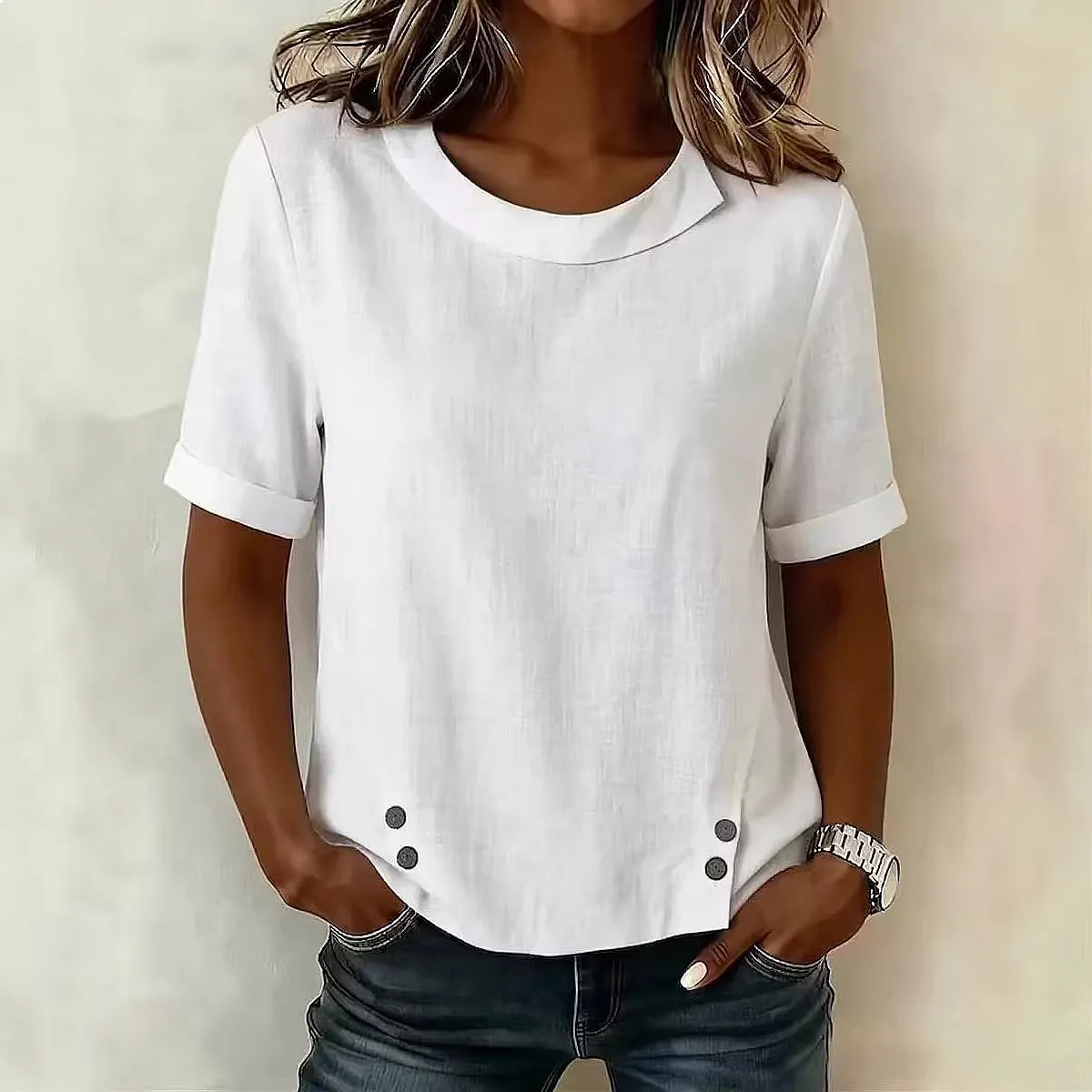Womens Cotton Linen Short Sleeve Asymmetric Button Blouse Top Loose Casual Tops Spring Summer