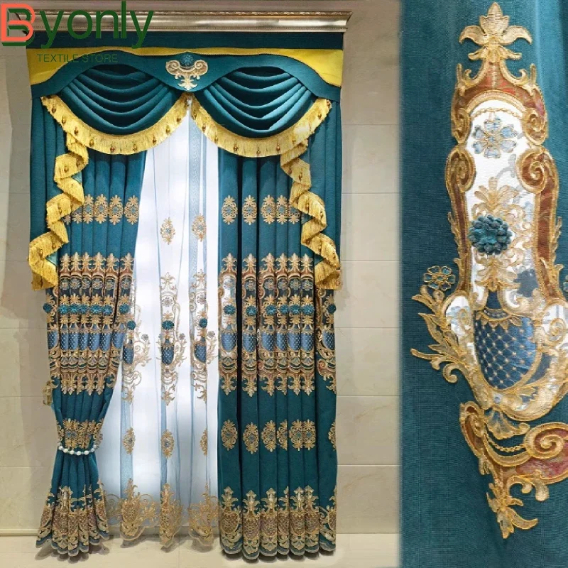 Blue Chenille Hollow Out Embroidered Curtains for Living Room Bedroom Villa French Window Customized Valance