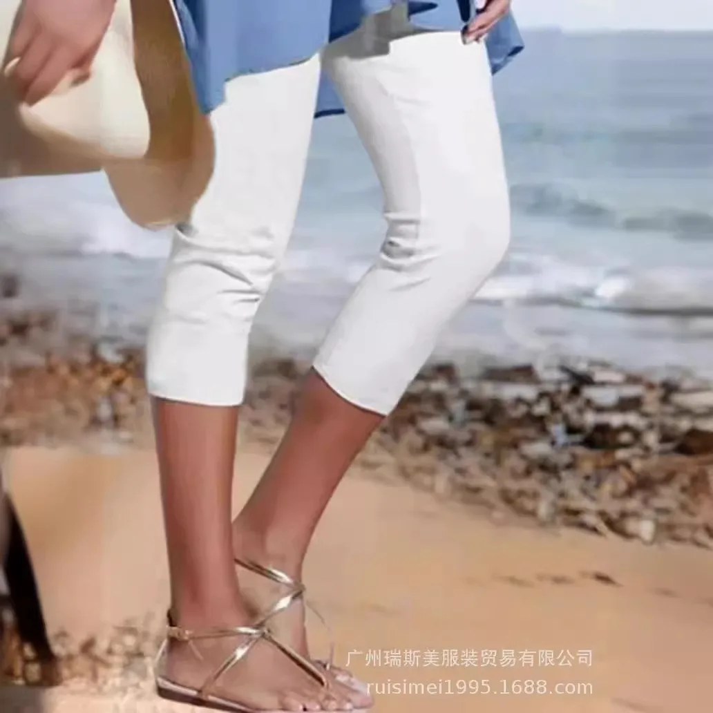 Summer Women Capri Pants High Waist Light Yellow Crop Pants White Three Quarter Pants Macaron Pink Cropped Pants For Woman