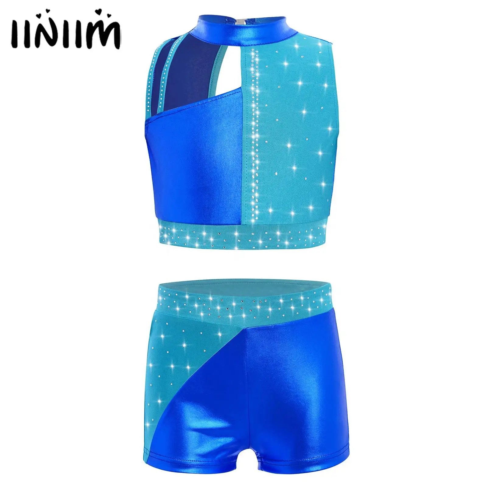 

Детский гимнастический костюм для девочек, фигурное катание, балетный танцевальный костюм, костюм для выступлений, укороченный топ с блестящими стразами и шортами металлик