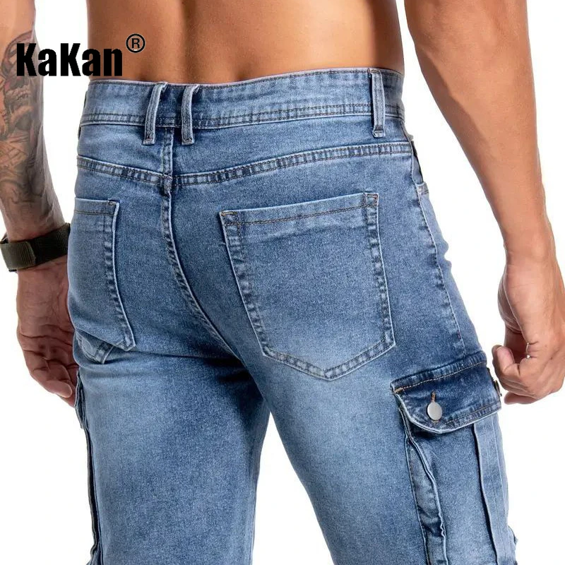 Kakan-y2k Nuevos pantalones vaqueros cortos de verano para hombres, pantalones vaqueros microelásticos con múltiples bolsillos, pantalones vaqueros casuales de 5 direcciones para hombres